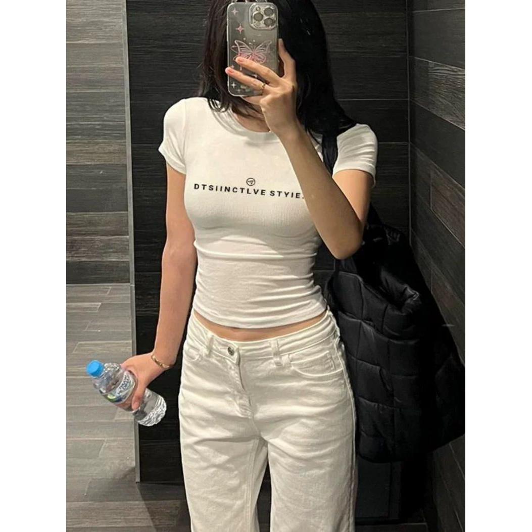 白色修身显瘦正肩纯棉短袖t恤女装2025夏季新款辣妹短款小上衣服