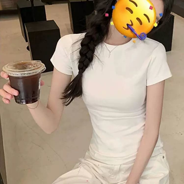 白色正肩纯棉短袖T恤女装春夏季甜辣妹修身显瘦收腰内搭打底上衣