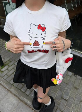Hello Kitty白色甜辣正肩短袖t恤女夏新款y2k千禧辣妹短款小上衣