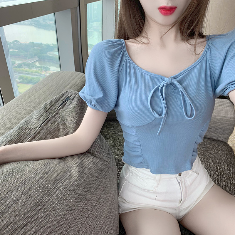 实拍实价~短款锁骨上衣设计感短袖t恤女ins潮