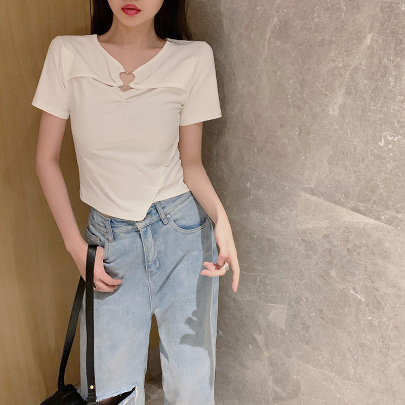 实拍实价~短款不规则锁骨别致开叉上衣设计感小众短袖t恤女