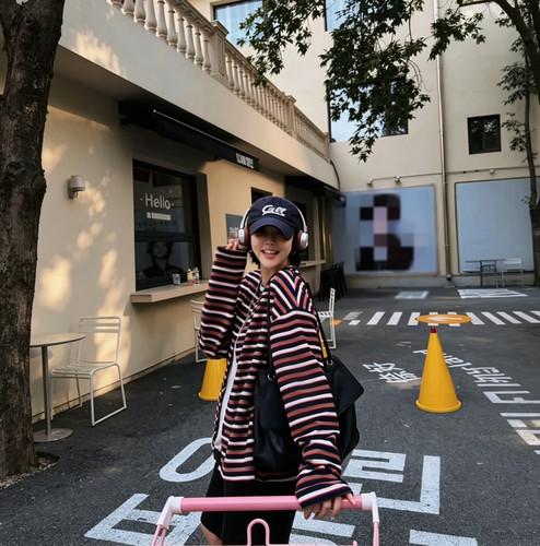 53979-韩系条纹美拉德拼色宽松百搭女装长袖开衫外套
