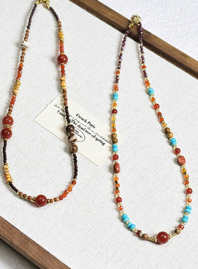 红玛瑙淡水珍珠项链复古小众设计撞色串珠锁骨链高级天然石毛衣链