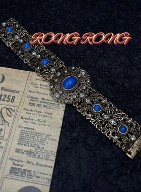 青岛中古西洋古董重工镶蓝宝石手排手链雕花镂空做旧宫廷手链饰品
