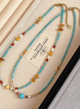 绿松石串珠项链女复古艺术民族风颈链 小众高级感轻奢时尚锁骨链