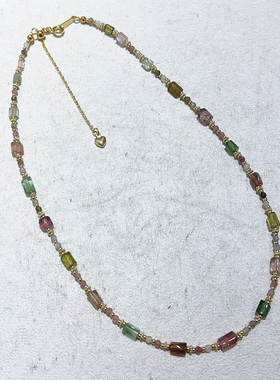 法式小众天然碧玺彩虹串珠锁骨链