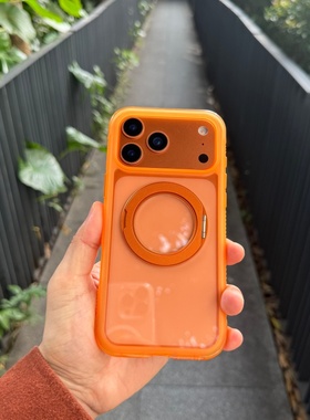 金属360旋转支架 iPhone17promax手机壳磁吸适用苹果17pro橙色透明硅胶亚克力高端防摔