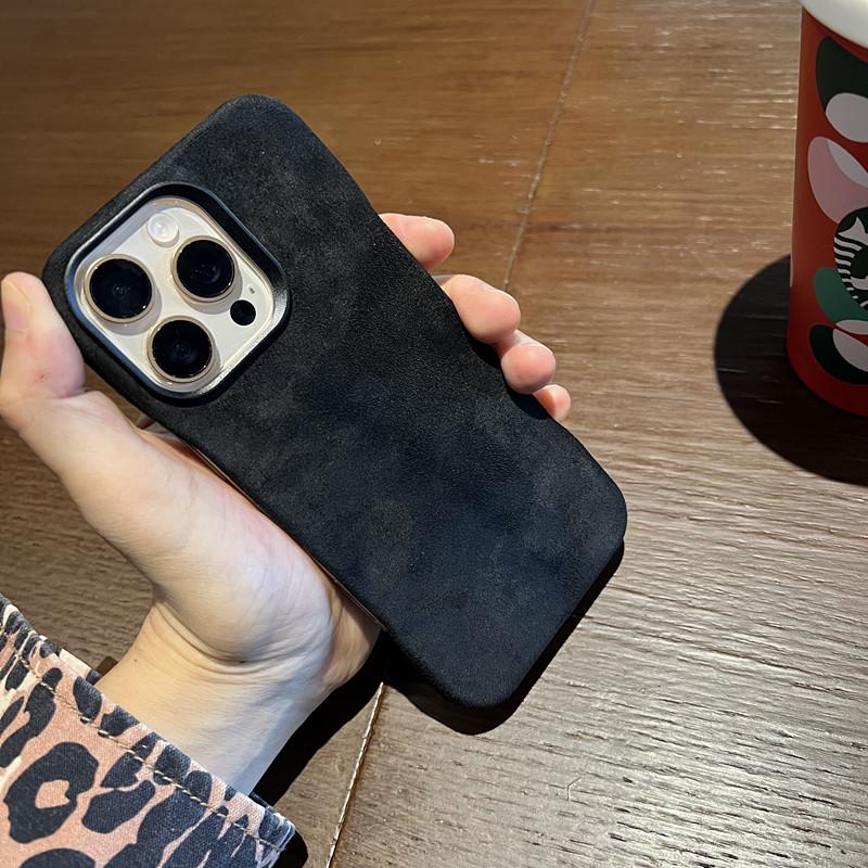 无边框 翻毛皮iPhone16promax手机壳黑色适用苹果16plus磁吸保护套15pro半包14/13新款男
