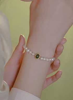 施家珍珠天然和田碧玉吊坠手链女小众设计轻奢手串送闺蜜高级手饰