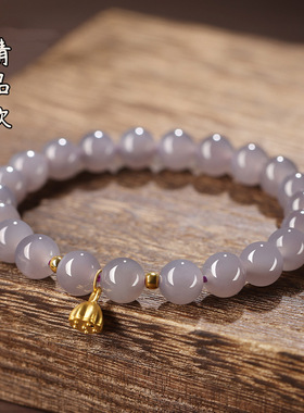 保真冰种烟紫天然和田玉手链s925银莲蓬玉石圆珠单圈手串饰品
