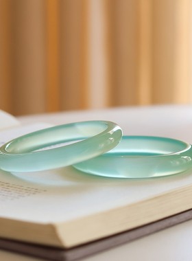 【翡翠平替】天然高冰马料翡翠色玛瑙手镯女晴水绿天青冻玉髓玉镯