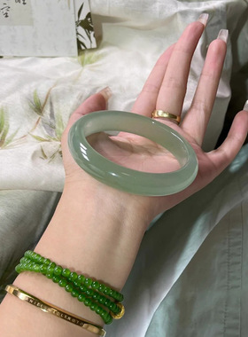 无染色天然东陵玉手镯女绿砂金石镯子小众水晶玉石圆条宽镯玉镯