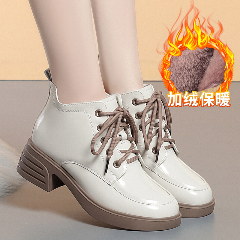 冬季加绒粗跟漆皮亮面马丁靴女靴