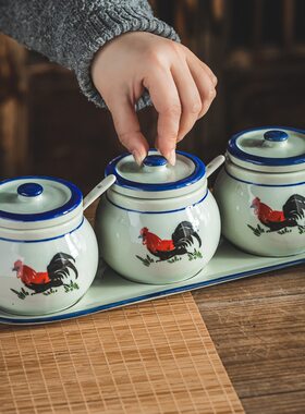 中式盐罐调料罐组合套装公鸡调味罐家用油泼辣子专用罐佐料收纳盒