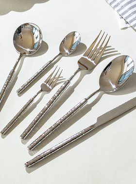出口外单304不锈钢西餐具牛排刀叉圆钻锤纹实心手柄刀叉勺4件套装