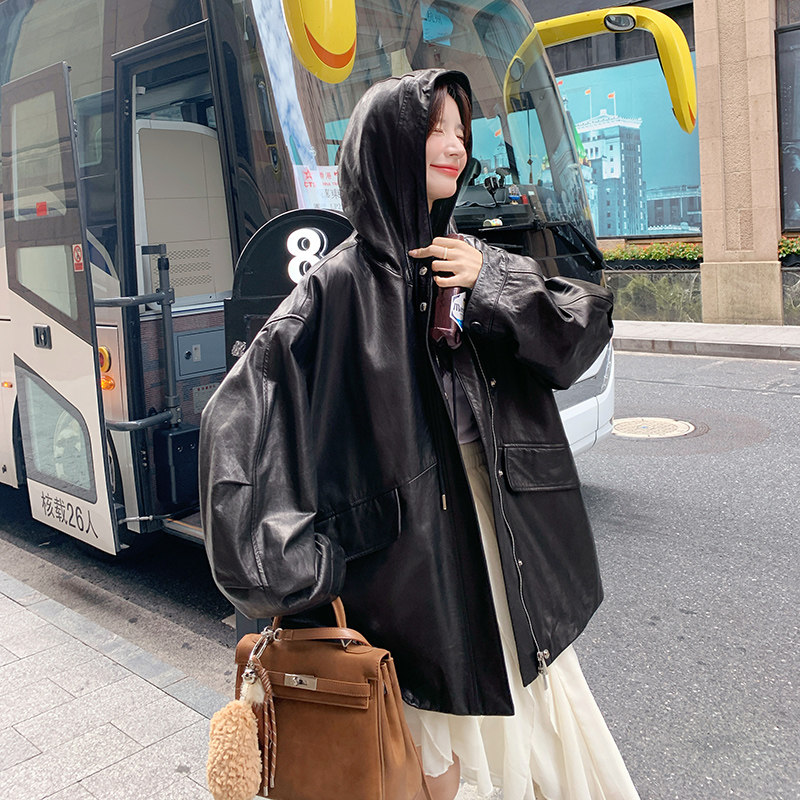 黑色复古连帽皮衣外套女2025年秋季新款韩版小个子甜酷风PU皮夹克,女装短外套,郎佰婉