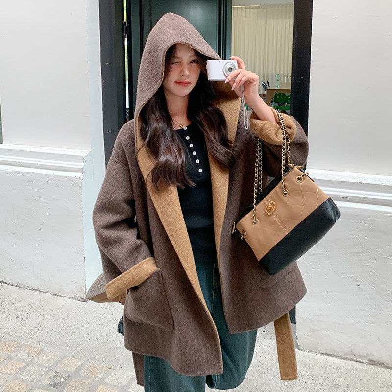 法式复古双面呢大衣女2025年秋冬季新款休闲百搭显瘦连帽毛呢外套图片