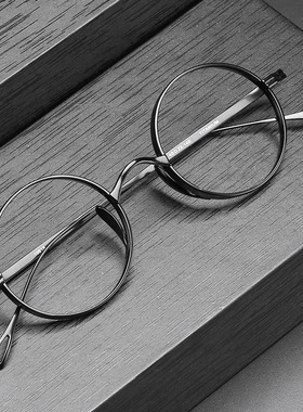 高度数圆框眼镜日本手工万年龟同款KMN99复古纯钛小脸男女近视框