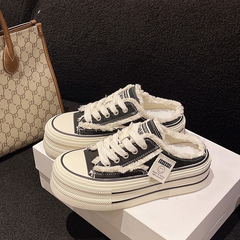 包头半拖鞋外穿夏女小白鞋2025新款爆款懒人一脚蹬厚底帆布超火鞋