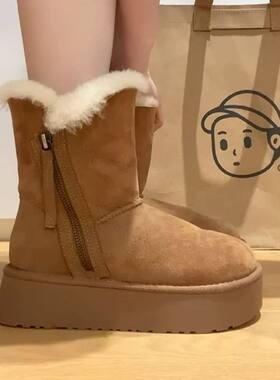 秀足女中筒厚底皮毛一体雪地靴