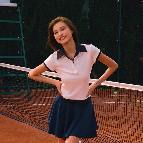 11E 假两件亲肤针织POLO衫女撞色修身显瘦百搭短袖T恤