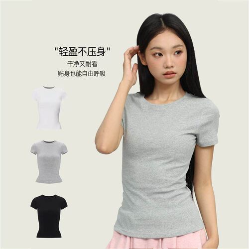 11E 正肩紧身灰色运动短袖圆领T恤女夏季短款修身显瘦打底上衣