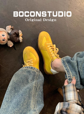 真皮！韩系复古黄色德训鞋女春秋新款内增高运动休闲板鞋阿甘鞋子
