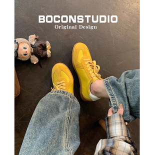 真皮！韩系复古黄色德训鞋女春秋新款内增高运动休闲板鞋阿甘鞋子