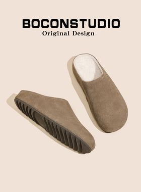 牛皮版~勃肯鞋加绒毛毛拖鞋女秋冬包头足弓支撑半拖鞋厚底穆勒鞋