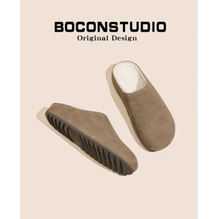 厚底穆勒鞋 牛皮版 女秋冬包头足弓支撑半拖鞋 加绒毛毛拖鞋 勃肯鞋