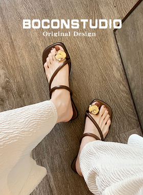 羊皮版~细带白色夹趾拖鞋女夏外穿平底露趾凉拖一字带低跟凉鞋子