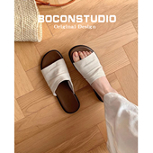 女夏外穿沙滩一字拖鞋 羊皮版 度假风曼谷拖亚麻褶皱平底凉拖鞋 子