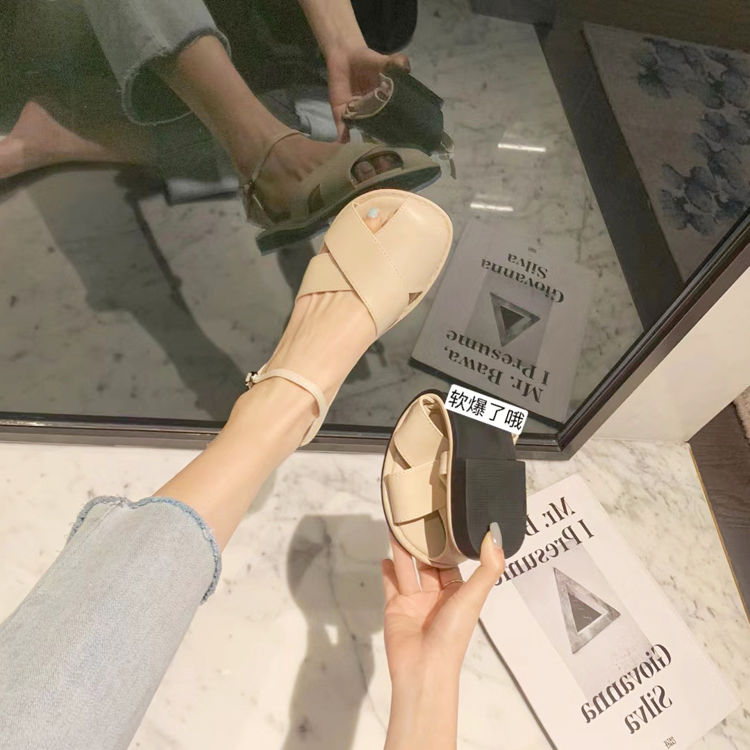 软爆了~复古真皮罗马鞋女夏外穿交叉编织鞋后空扣带平底包头凉鞋