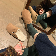 牛皮版~勃肯鞋加绒毛毛拖鞋女外穿2025秋冬包头半拖厚底博肯鞋男