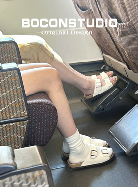 【限时伴价88】白色勃肯鞋女夏外穿半拖鞋真皮博肯鞋一字带凉拖鞋