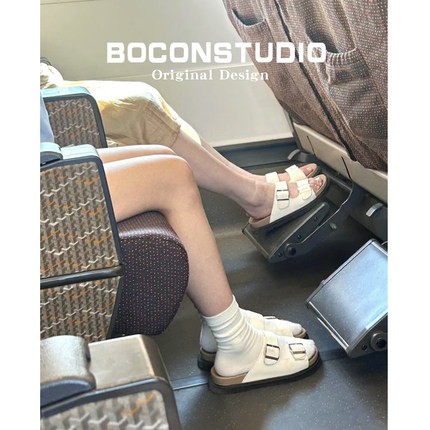 【限时伴价88】白色勃肯鞋女夏外穿半拖鞋真皮博肯鞋一字带凉拖鞋