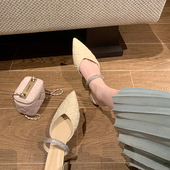 法式 外穿一字钻带 水钻包头高跟半拖尖头粗跟穆勒鞋 后空凉鞋 女夏季