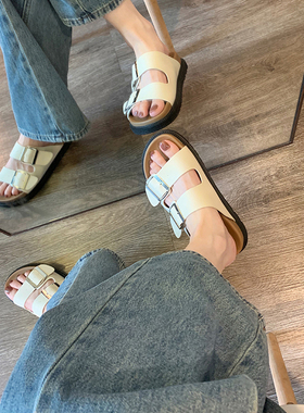 踩屎感~真皮勃肯鞋女夏季外穿半拖鞋博肯鞋女式大码一字带凉拖鞋