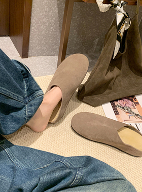 限时伴价78~ROW风半拖鞋女秋冬勃肯鞋一脚蹬包头真皮厚底穆勒鞋子