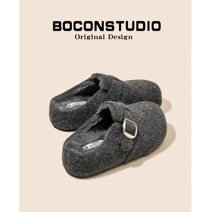 厚底灰色半拖鞋 外穿毛呢棉鞋 加绒女秋冬毛毛鞋 增高4cm毛毡勃肯鞋