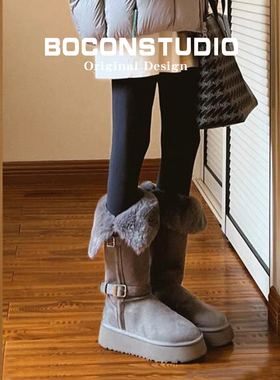 油叽叽~小个子厚底雪地靴女冬季保暖加绒灰色棉鞋内增高长筒靴子