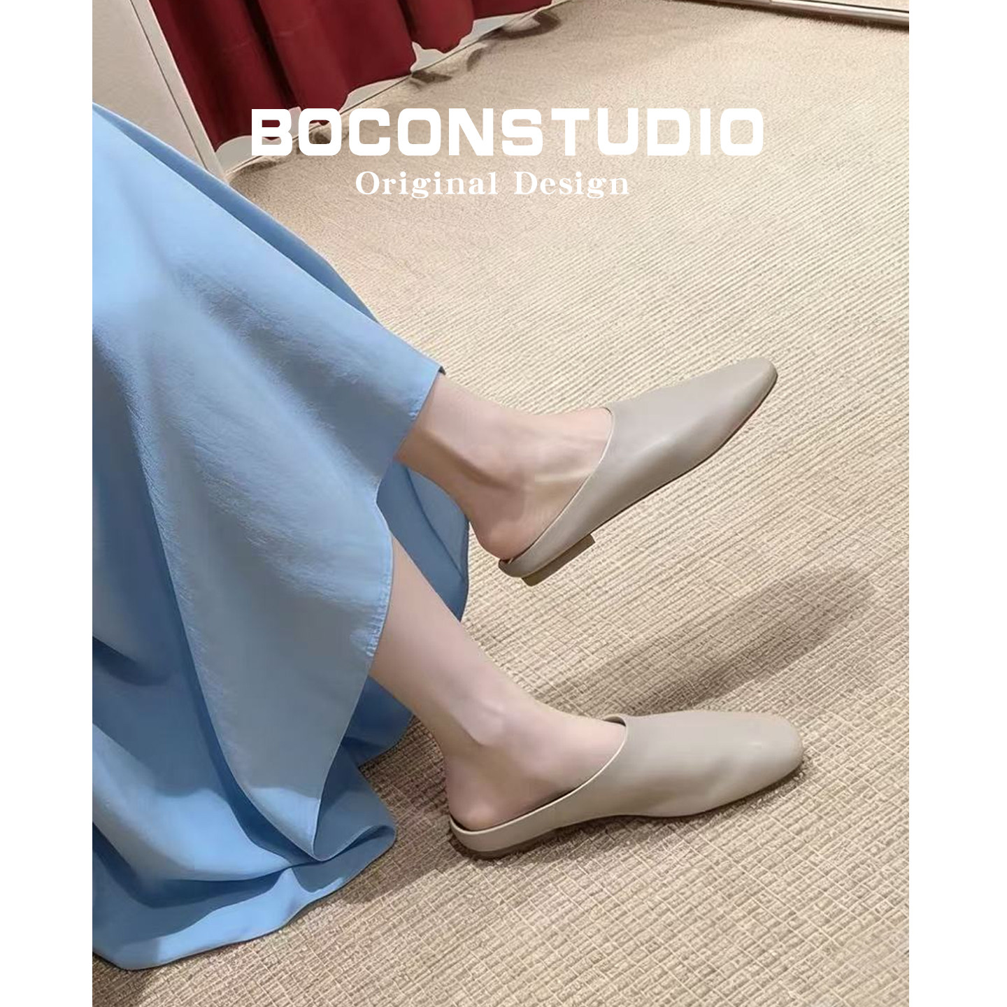 羊皮版~包头拖鞋一脚蹬软面女春夏外穿半拖鞋方头平底真皮穆勒鞋