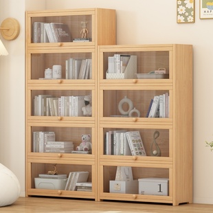 实木防尘书柜家用收纳儿童展示柜带透明门落地书架客厅储物柜组合