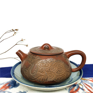 广西钦州坭兴陶茶壶非紫砂 黎昌权 纯手工石瓢龙凤壶220ML左右