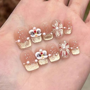 纯手工爆闪秋冬金秋猫眼立体新年醒狮穿戴甲高级感可拆卸成品美甲