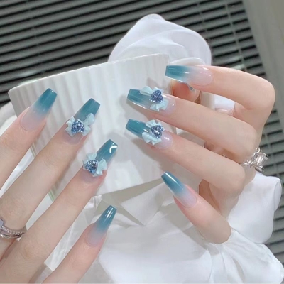【海洋心】小清新穿戴甲渐变海洋蓝蝴蝶结美甲流行色可拆卸指甲