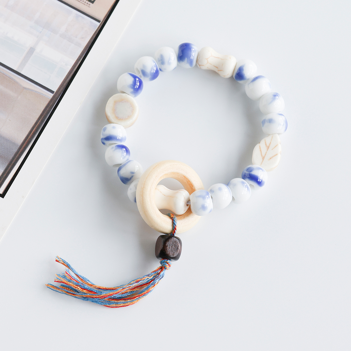 民族风景德镇陶瓷手串国风瓷珠串珠编织流苏手链女手饰学生党手绳