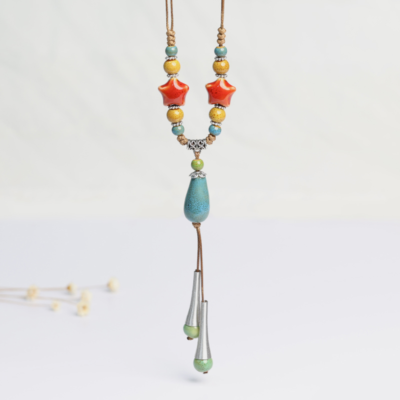 古风汉服旗袍配饰毛衣链女新款民族风景德镇陶瓷吊坠瓷珠串珠项链