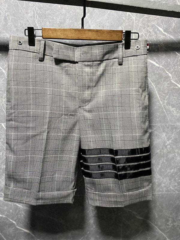 欧美tb千鸟格五分西裤大码 夏季薄款高品质灰格子四条杠短裤弹力