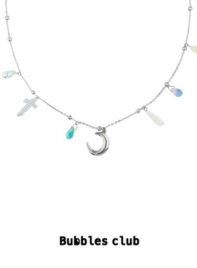 BubblesClub银河祷告系列 原创小众新月泪滴项链月亮玉石圆珠链